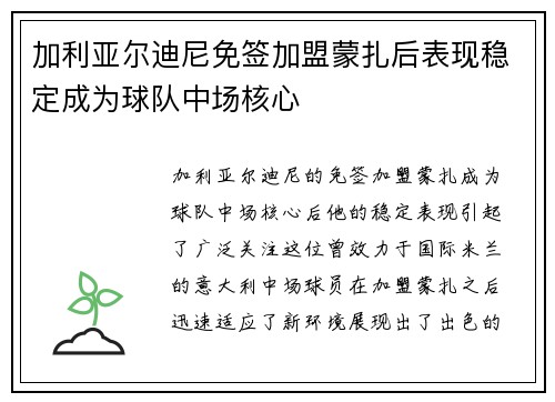 加利亚尔迪尼免签加盟蒙扎后表现稳定成为球队中场核心